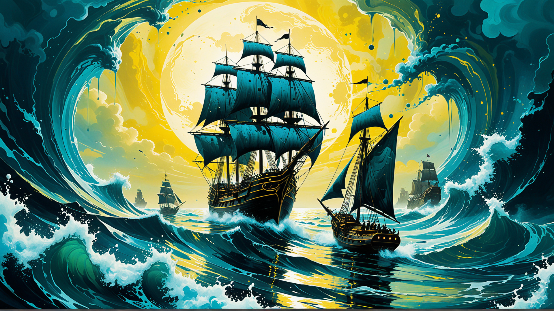 AI generated wallpaper featuring ship, sailing, ocean, wave, sail, vessel, seafaring, nautical, fleet, sailing ship