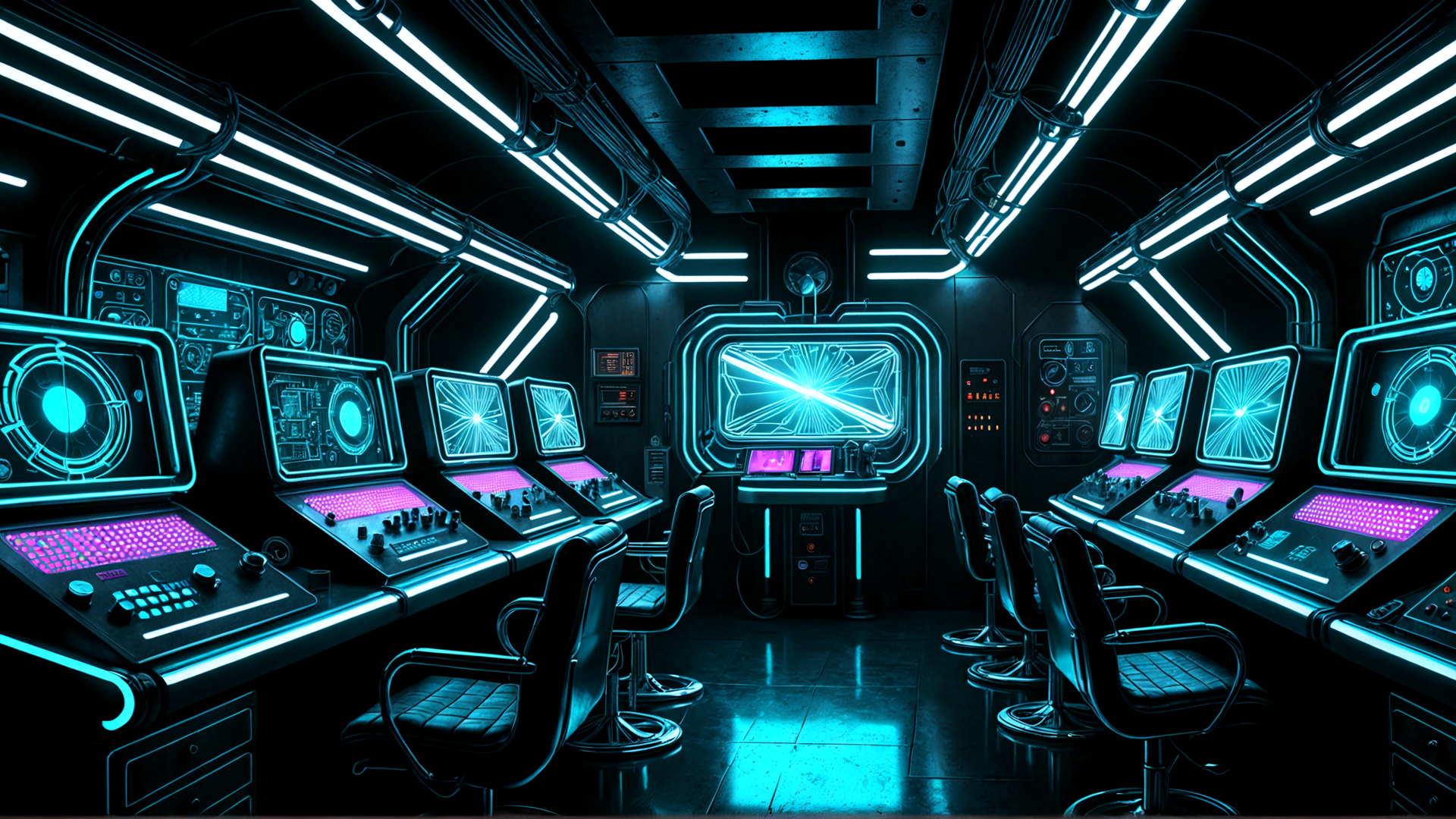 AI generated wallpaper featuring control room, computer, monitor, chair, screen, console, terminal, display, lighting, panel