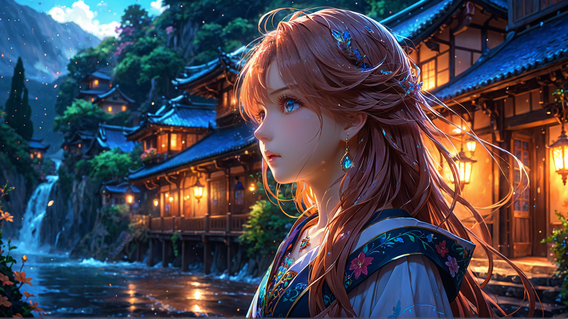 AI generated wallpaper featuring woman, village, waterfall