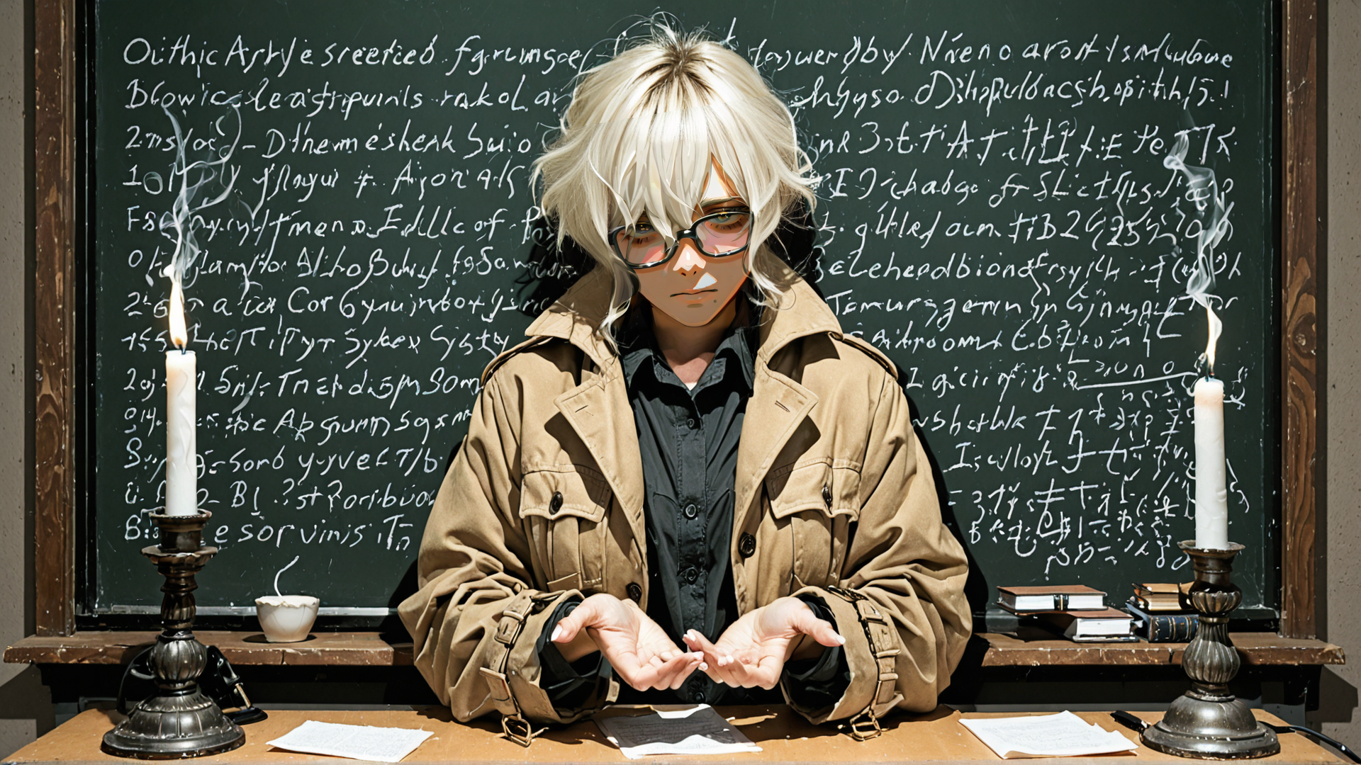 AI generated wallpaper featuring person, candle, chalkboard
