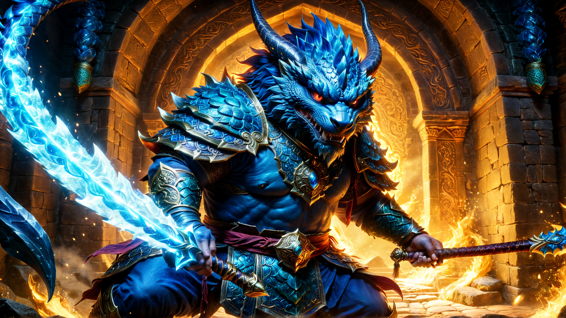 AI generated wallpaper featuring dragon, warrior, armor, sword, fire, archway, chimera, monster, armor, shield