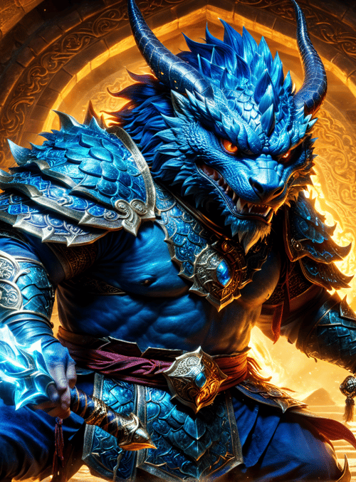 dragon, warrior, armor, sword, fire, archway, chimera, monster, armor, shield