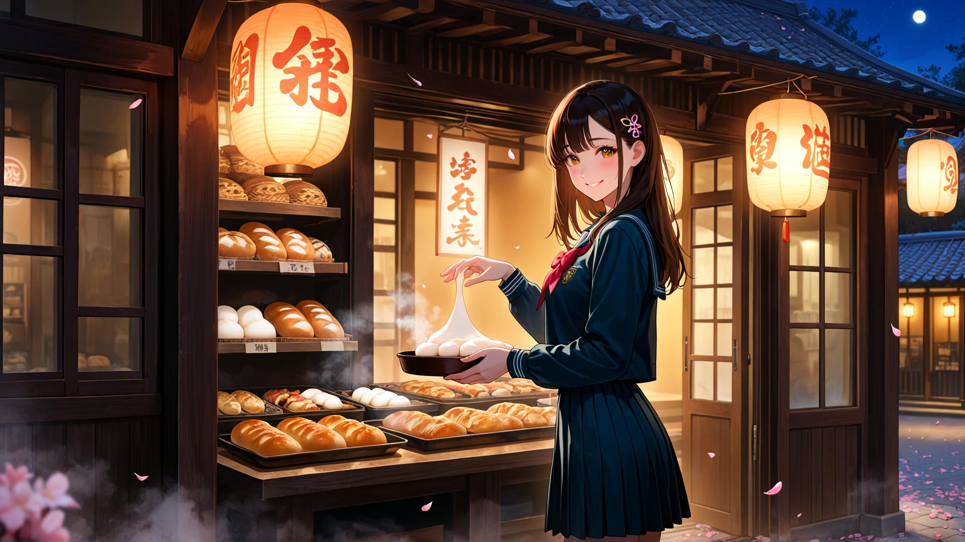 AI generated wallpaper featuring girl, bakery, lantern, bread, school uniform, cherry blossom, shop, sign, moon, steaming
