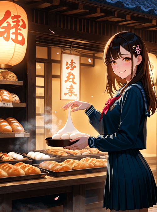 girl, bakery, lantern, bread, school uniform, cherry blossom, shop, sign, moon, steaming