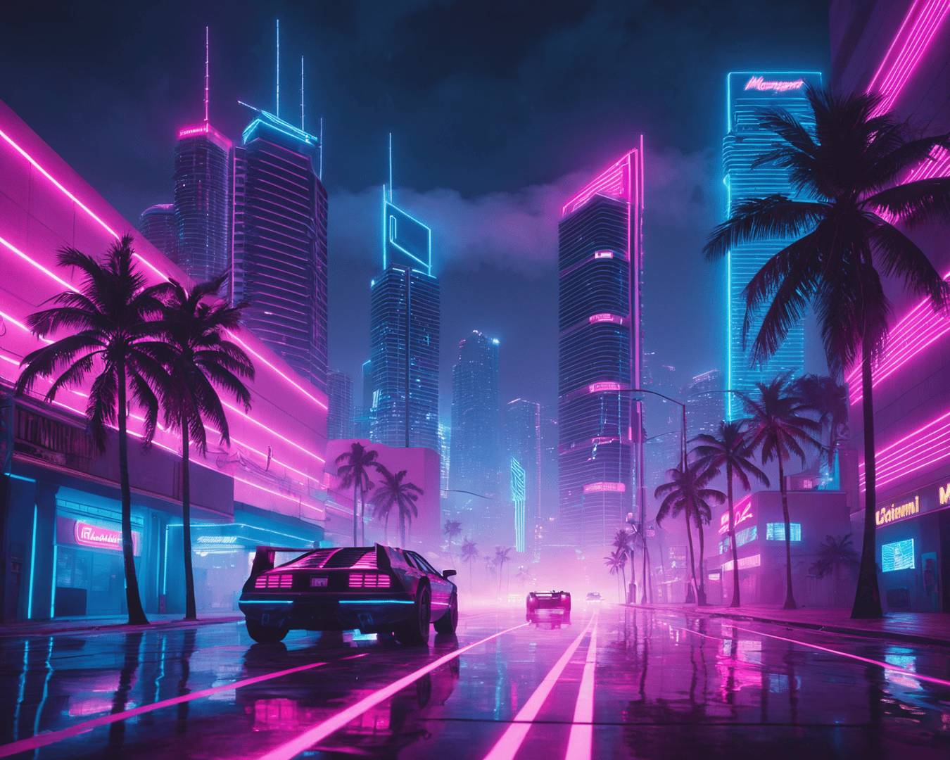 AI generated wallpaper featuring city, cars, palm trees