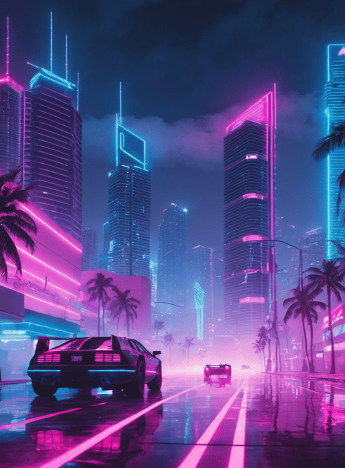 city, cars, palm trees