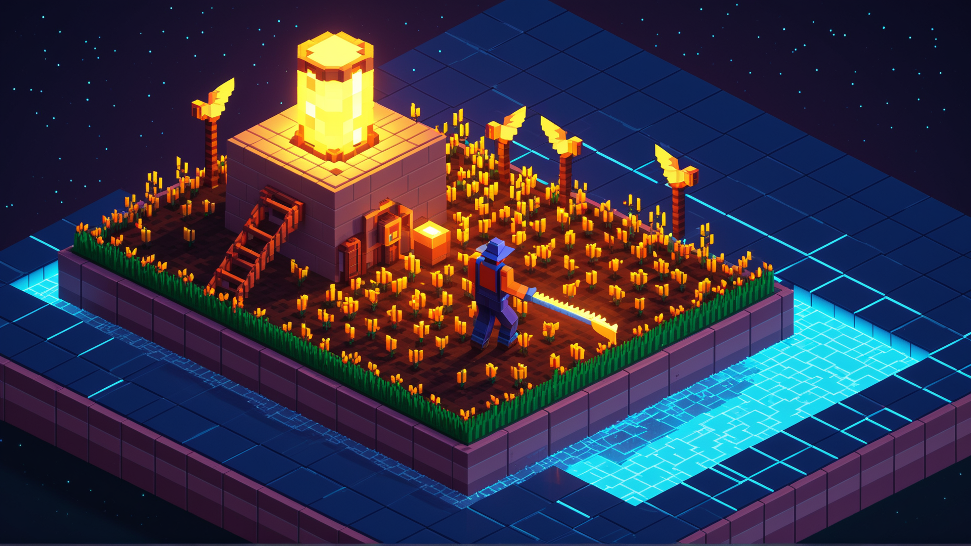 AI generated wallpaper featuring character, house, candle, torch, field, stairs, garden, lamp, water, platform