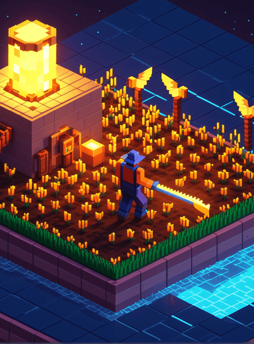 character, house, candle, torch, field, stairs, garden, lamp, water, platform