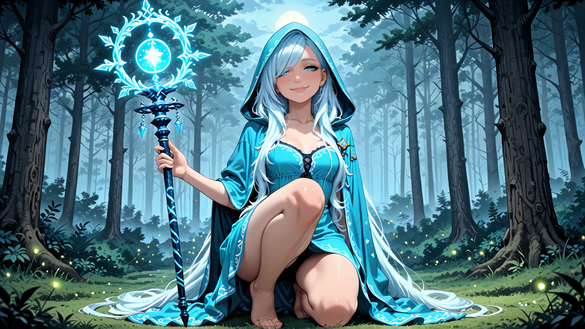 AI generated wallpaper featuring elf, wizard, fairy, forest, magical, staff, moon, trees, glowing, frosted