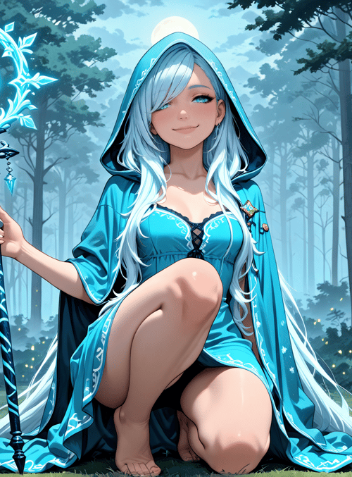 elf, wizard, fairy, forest, magical, staff, moon, trees, glowing, frosted