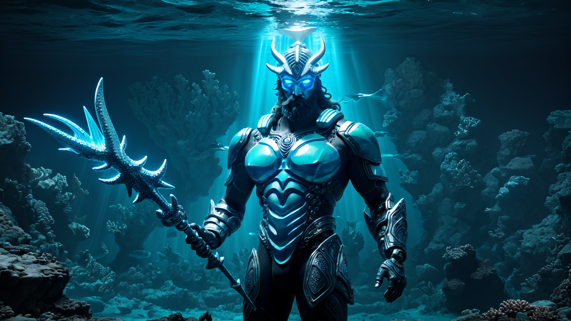 AI generated wallpaper featuring merman, ocean god, trident