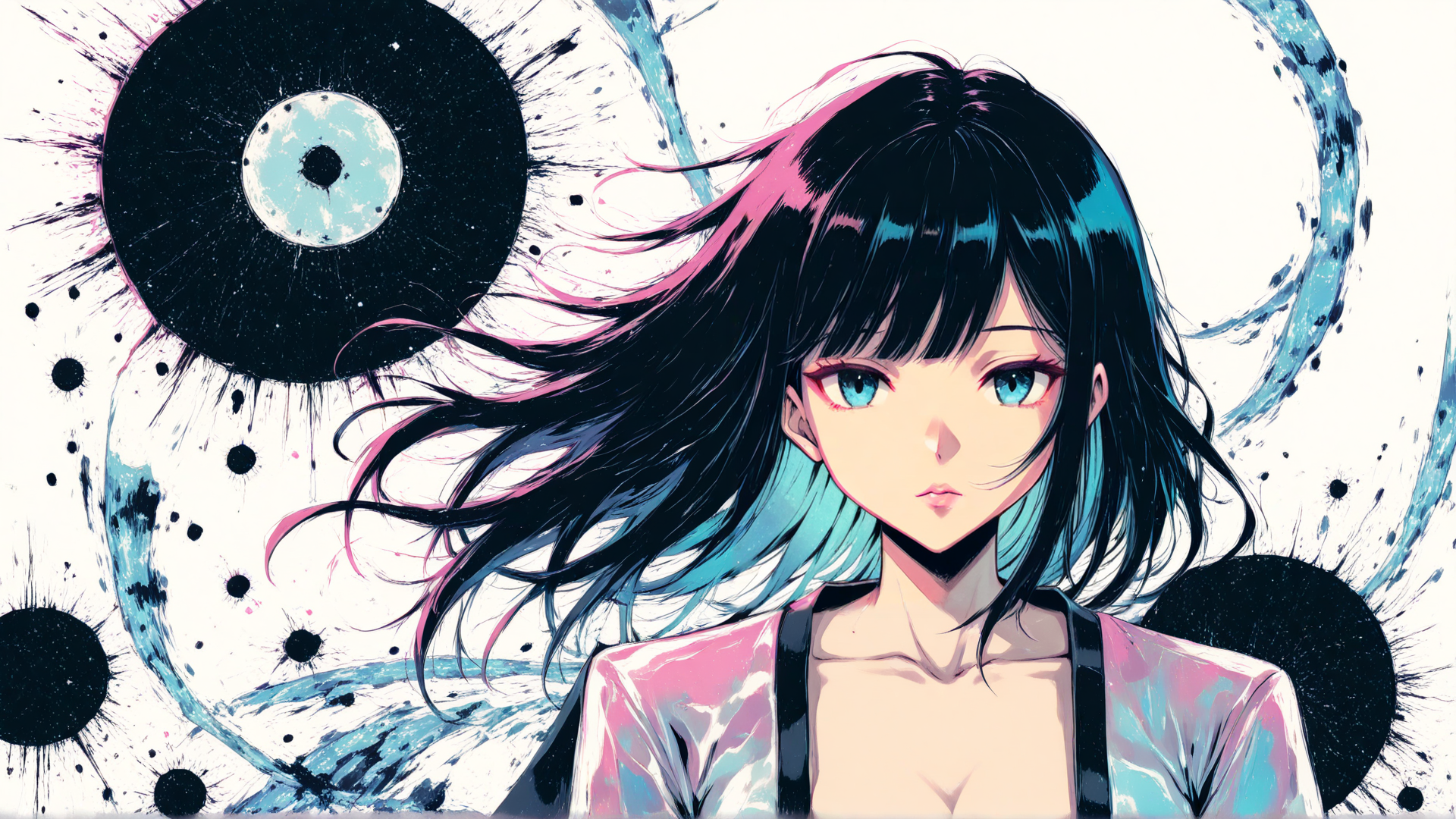 AI generated wallpaper featuring anime girl, hair, eyes, dress, circle, dots, background, sailor, blush, necklace