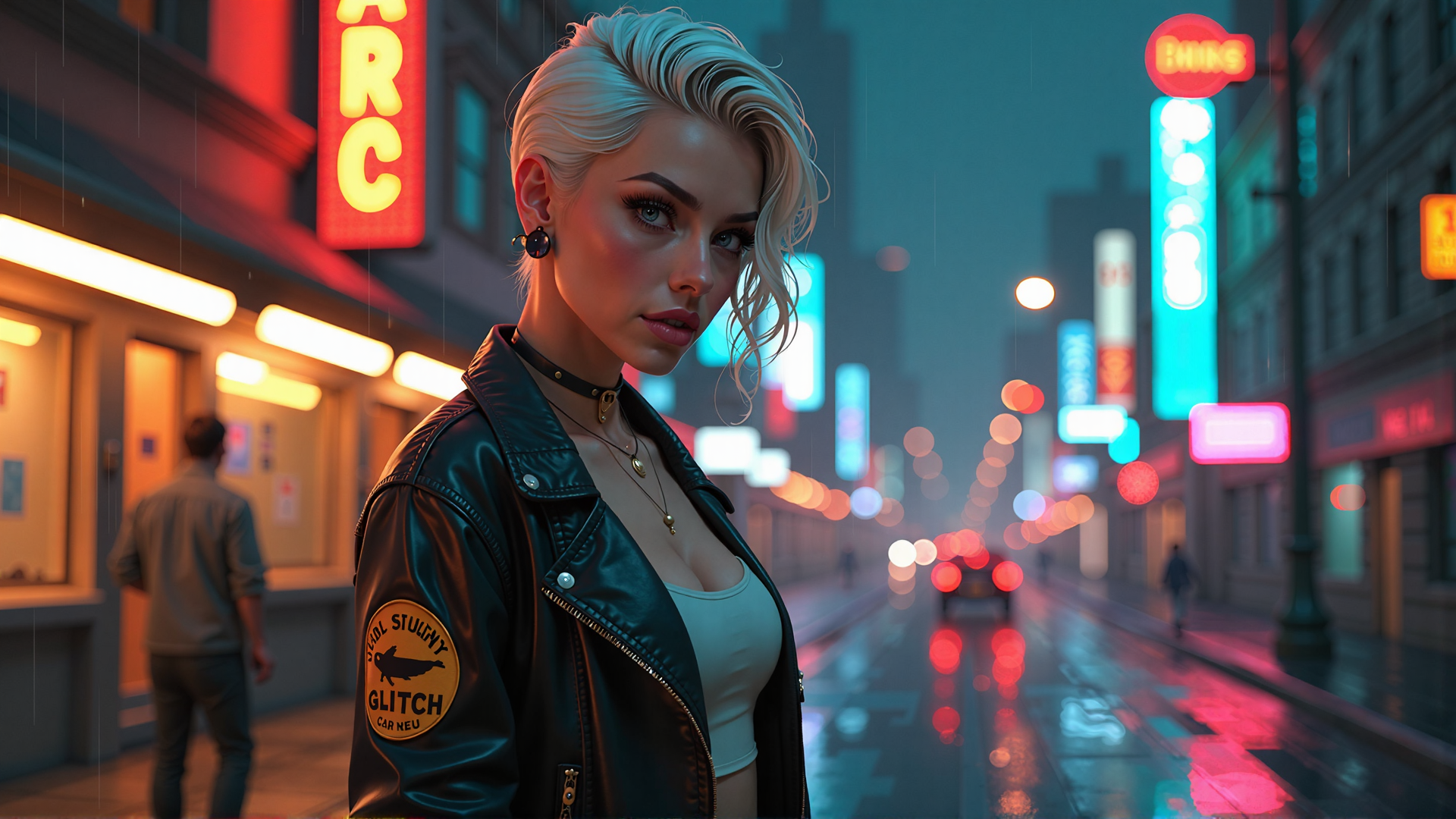 AI generated wallpaper featuring woman, city, street, neon, leather jacket, rain, signs, cars, buildings, people
