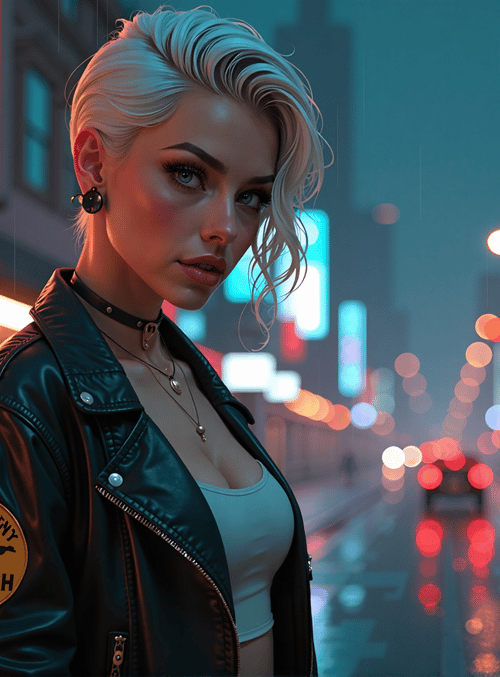 woman, city, street, neon, leather jacket, rain, signs, cars, buildings, people