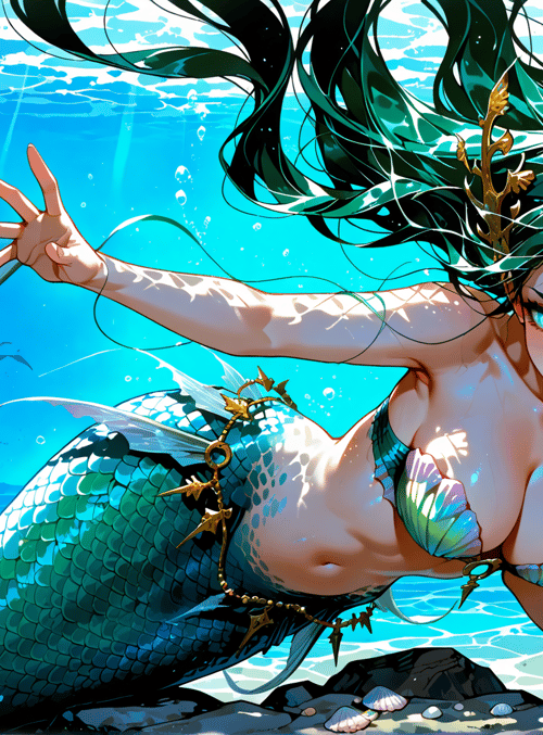 mermaid, fish, coral, seaweed, shells, sunlight, water, scales, bubbles, underwater