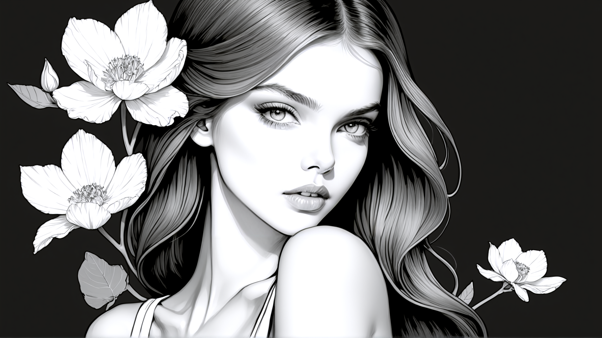 AI generated wallpaper featuring woman, flowers, hair, shoulder, straps, leaves, blossom, petals, curls, contour