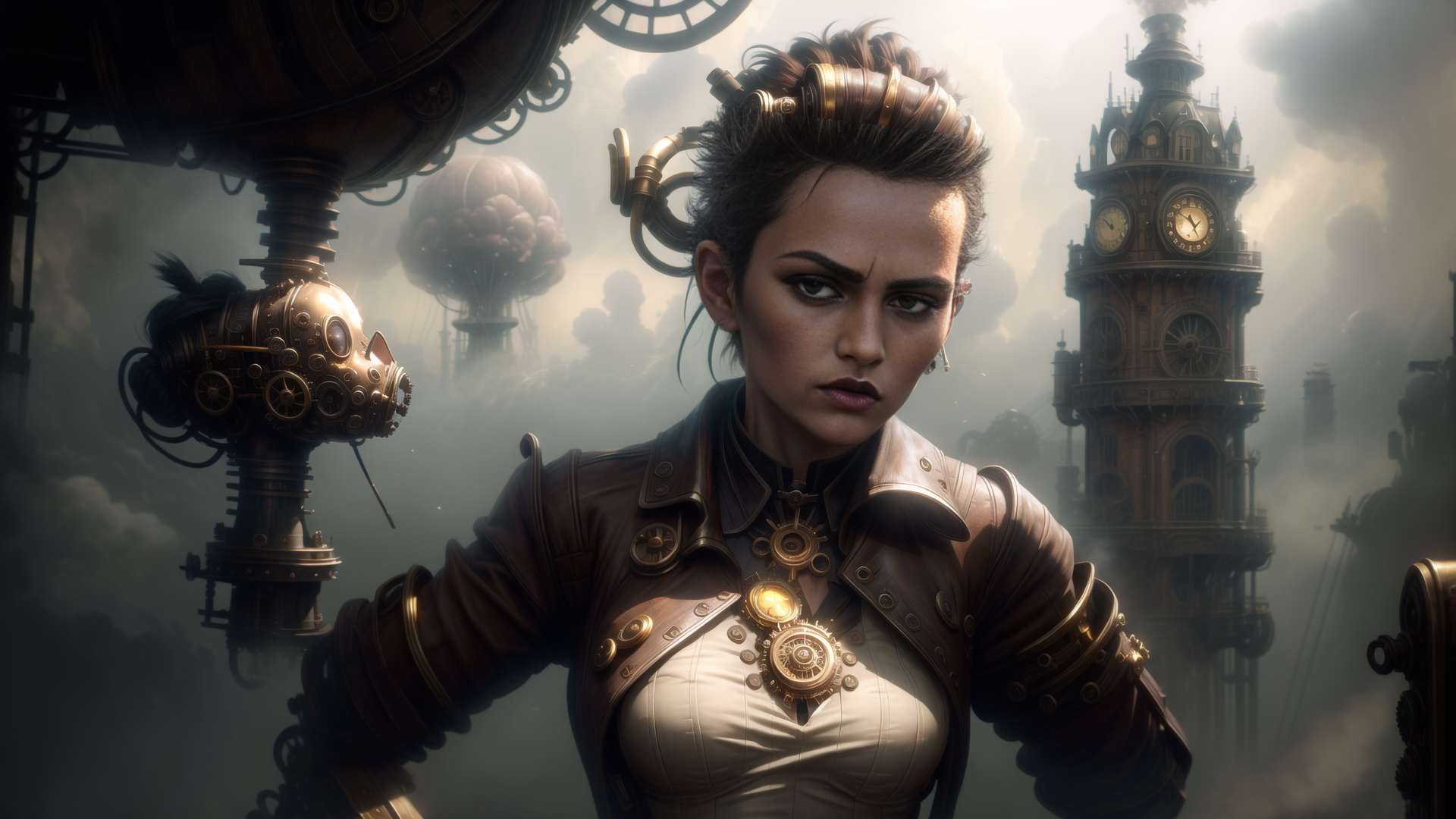 AI generated wallpaper featuring woman, steampunk, clock tower
