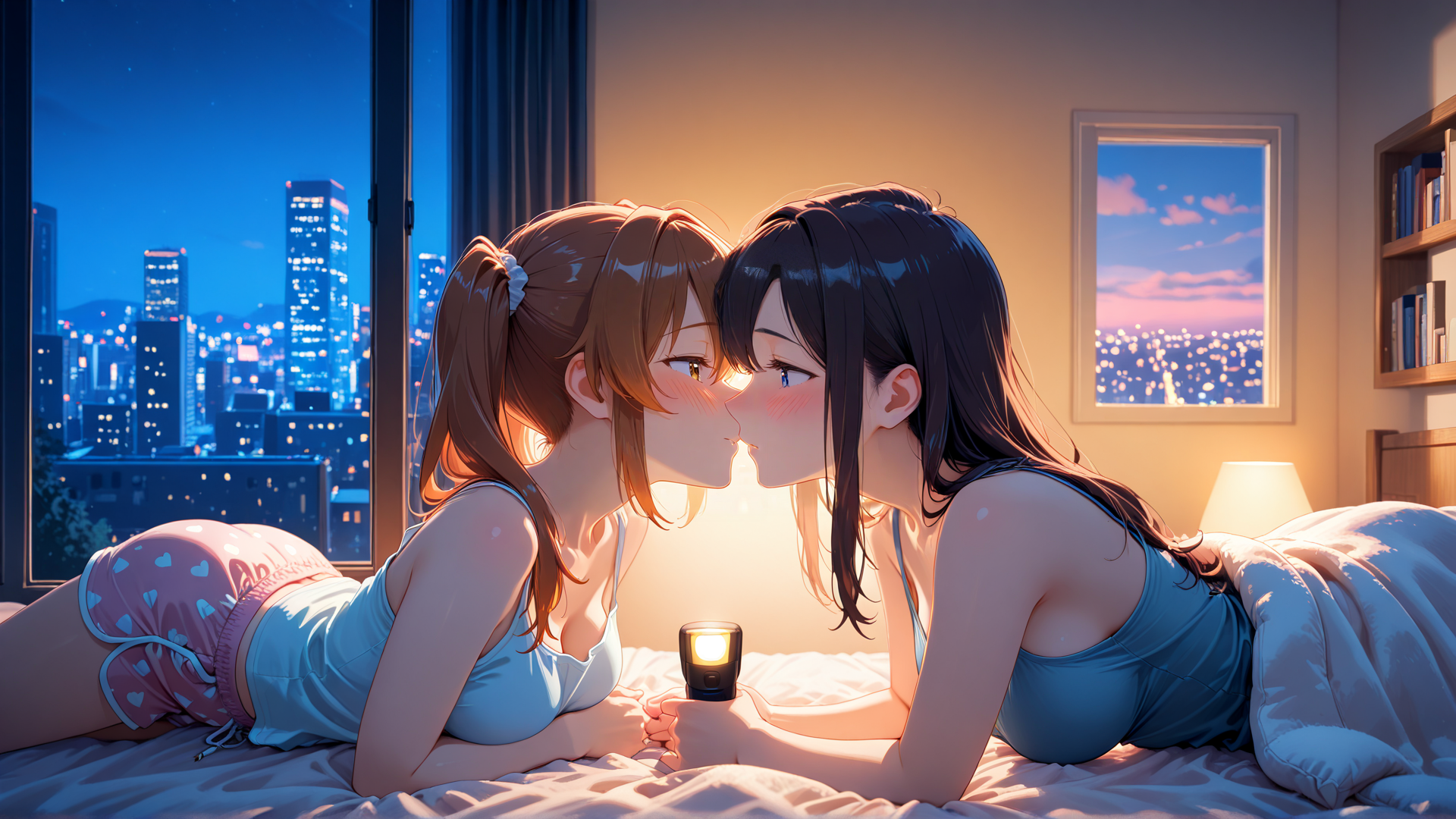AI generated wallpaper featuring girls, bedroom, city