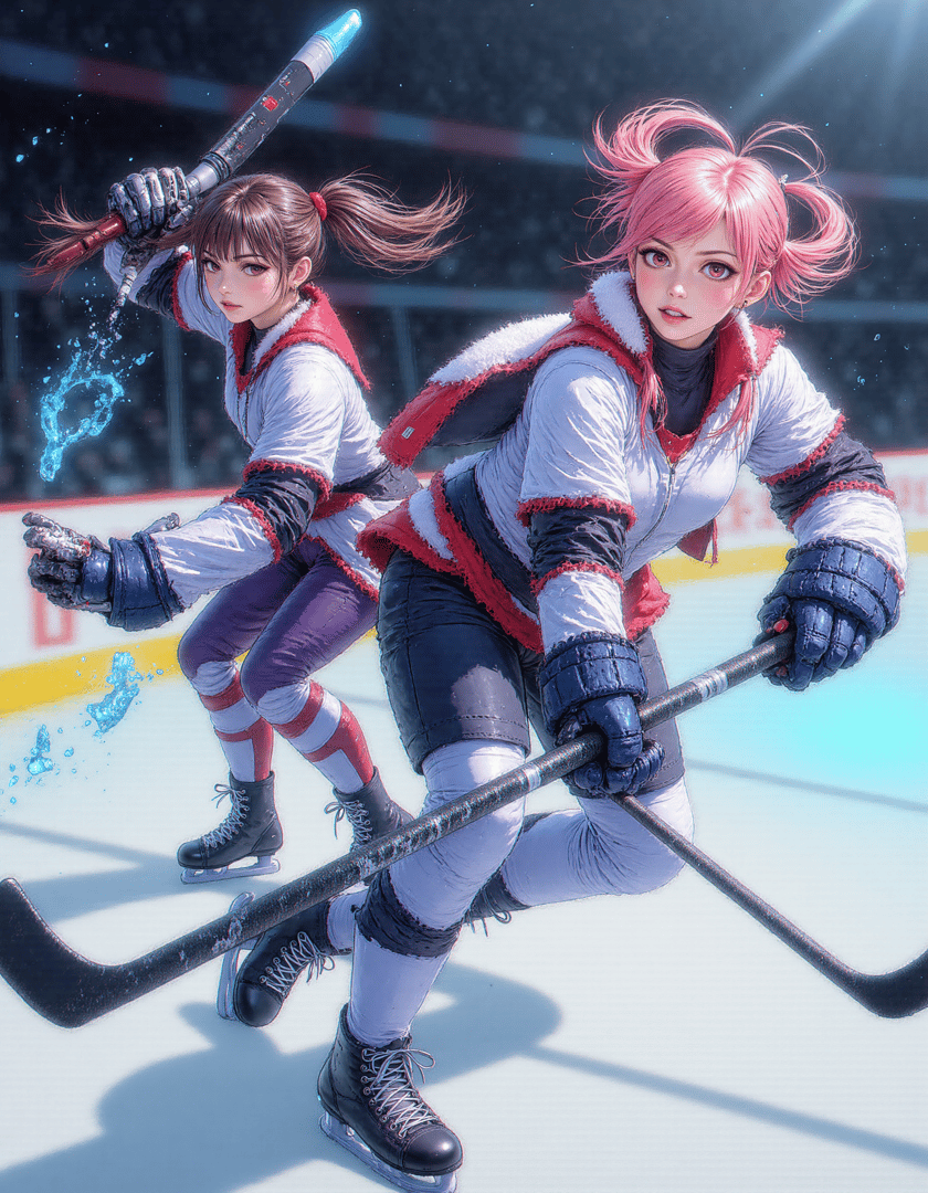 AI generated wallpaper featuring hockey players, figure skaters, girls, sports, ice rink, puck, hockey stick, team uniform, gloves, skates