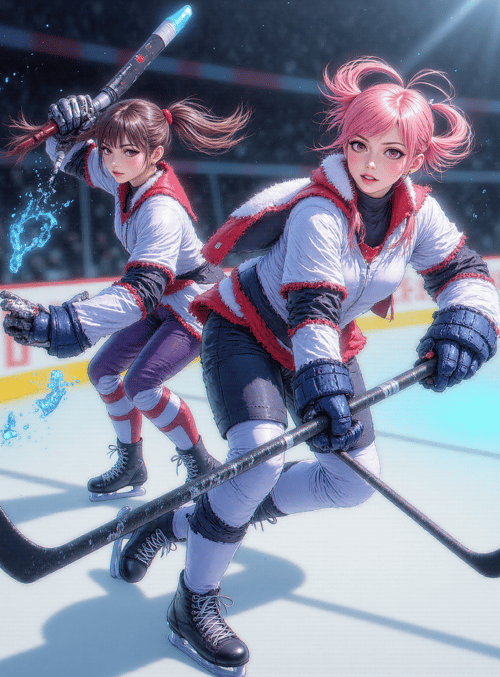 hockey players, figure skaters, girls, sports, ice rink, puck, hockey stick, team uniform, gloves, skates