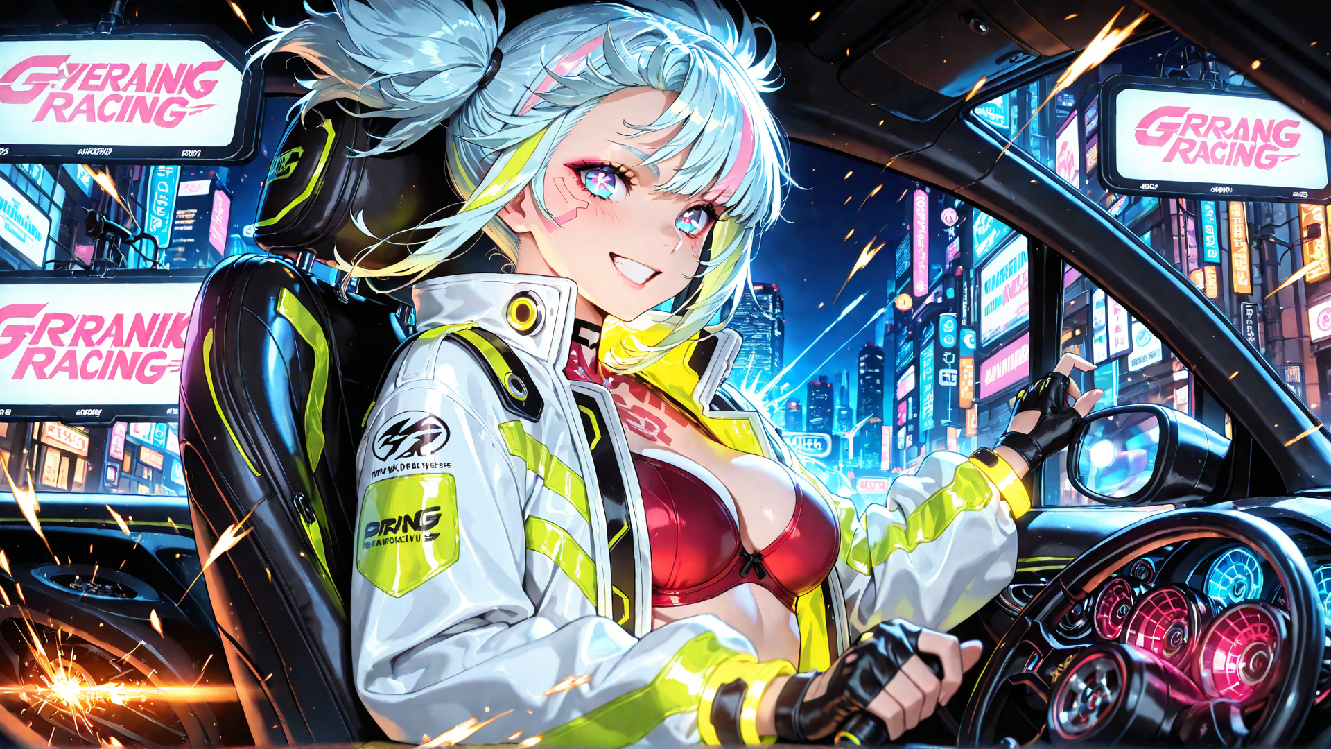 AI generated wallpaper featuring anime girl, racer, car