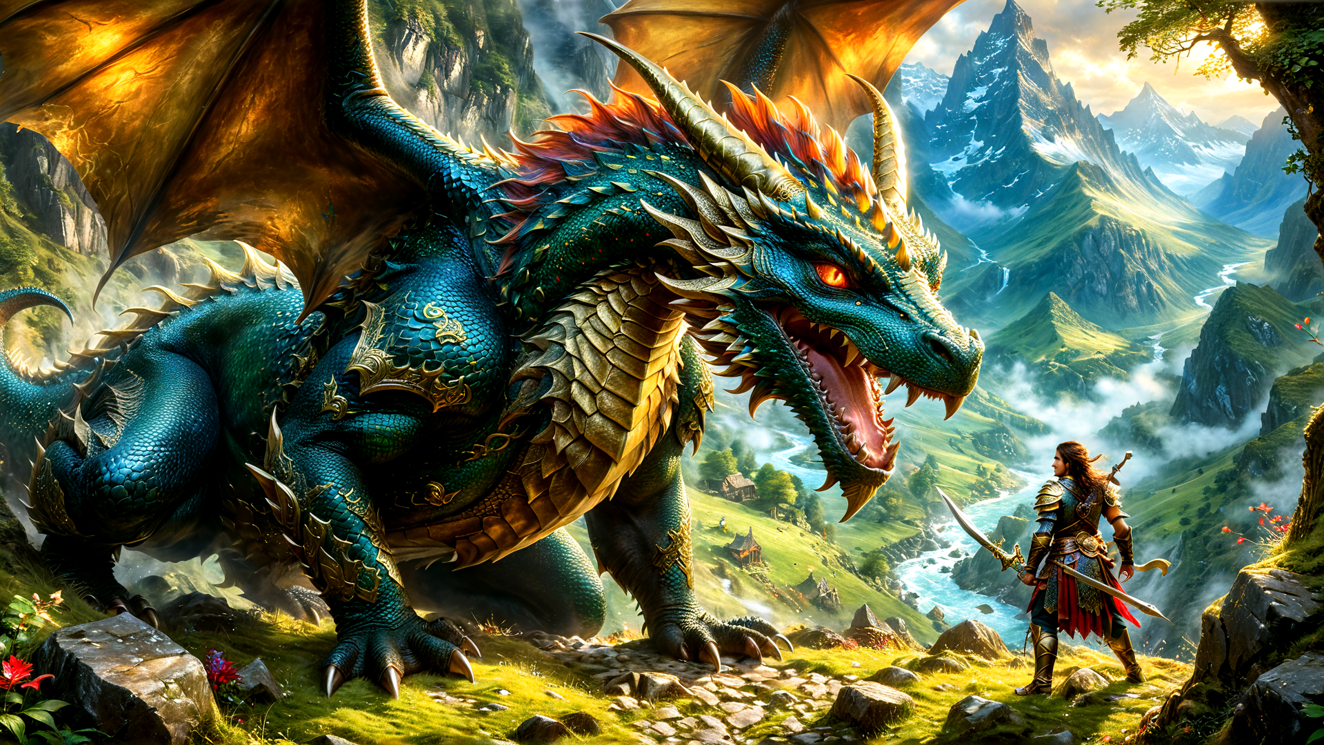 AI generated wallpaper featuring dragon, knight, mountains, valley, sword, wings, castle, river, forest, sunlight