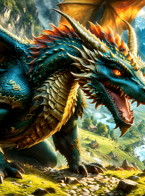 dragon, knight, mountains, valley, sword, wings, castle, river, forest, sunlight