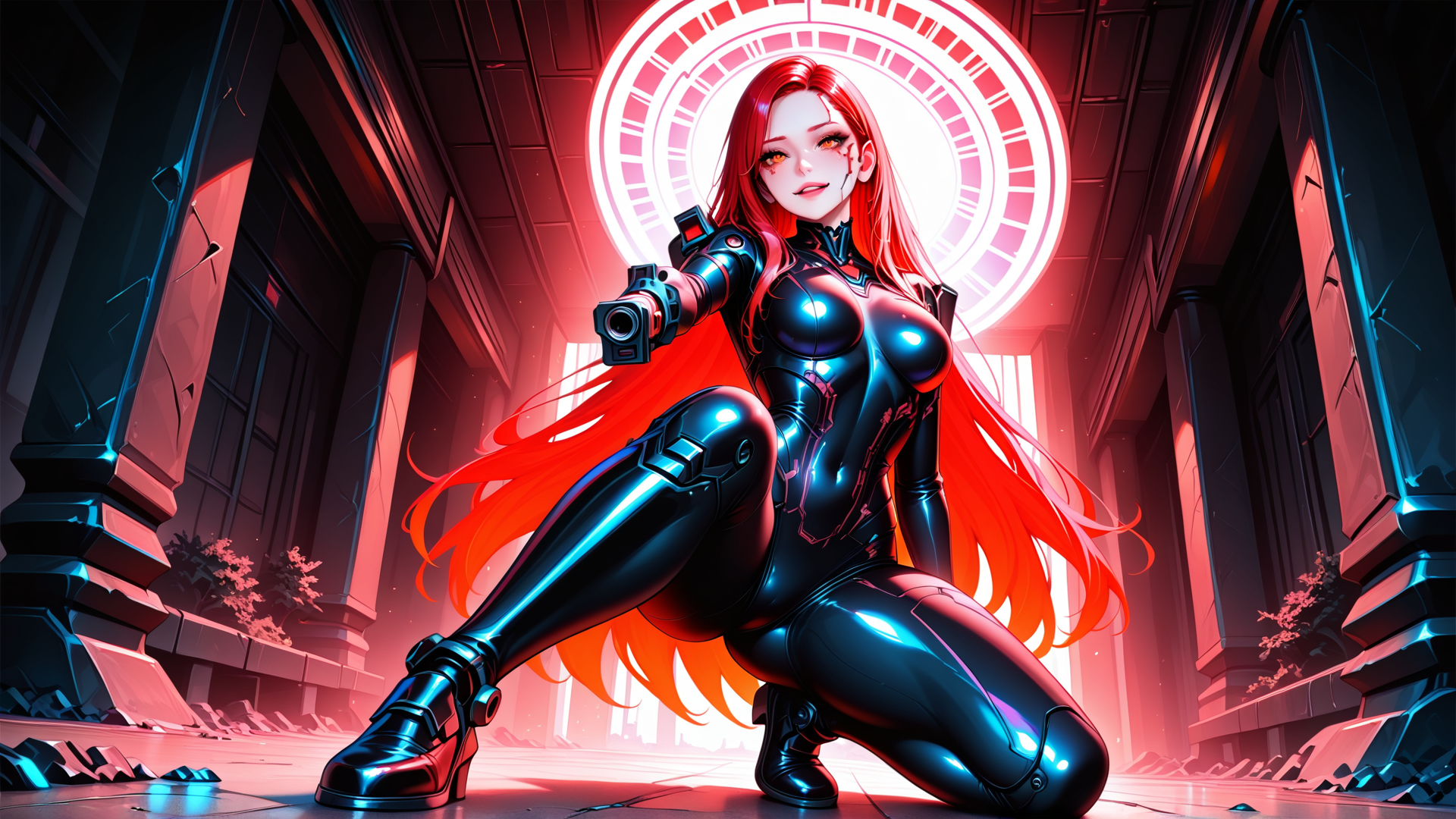 AI generated wallpaper featuring woman, cyborg, goggles, gun