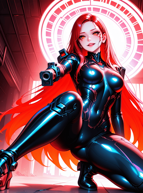 woman, cyborg, goggles, gun