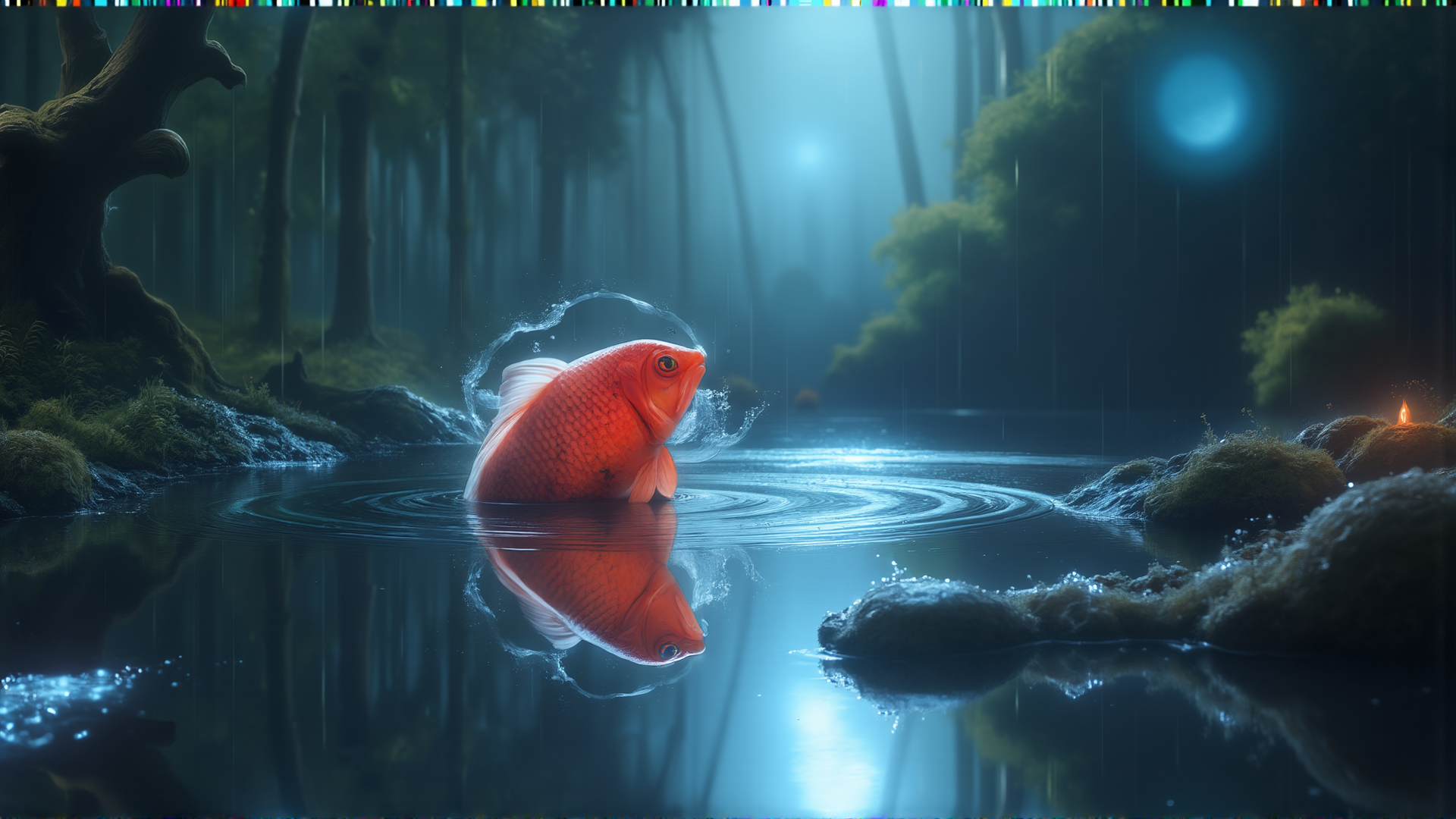 AI generated wallpaper featuring goldfish, forest, river, tree, moss, candle, water, rain