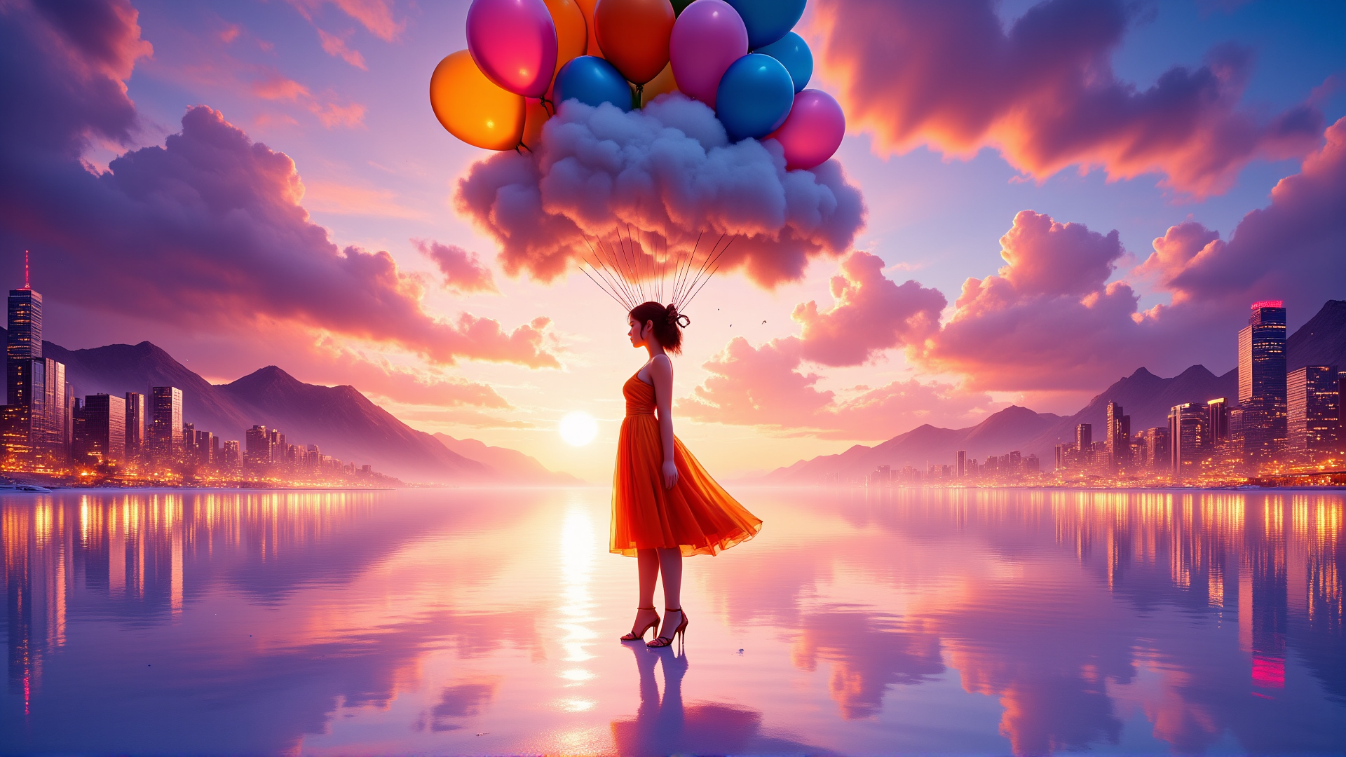 AI generated wallpaper featuring woman, balloons, city
