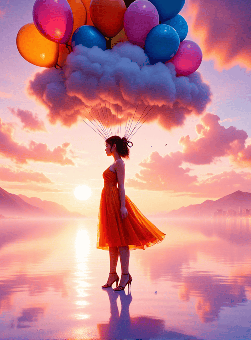 woman, balloons, city