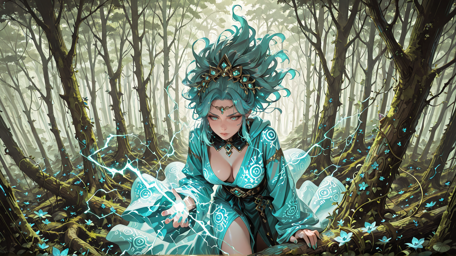 AI generated wallpaper featuring elf, witch, forest, magic, butterfly