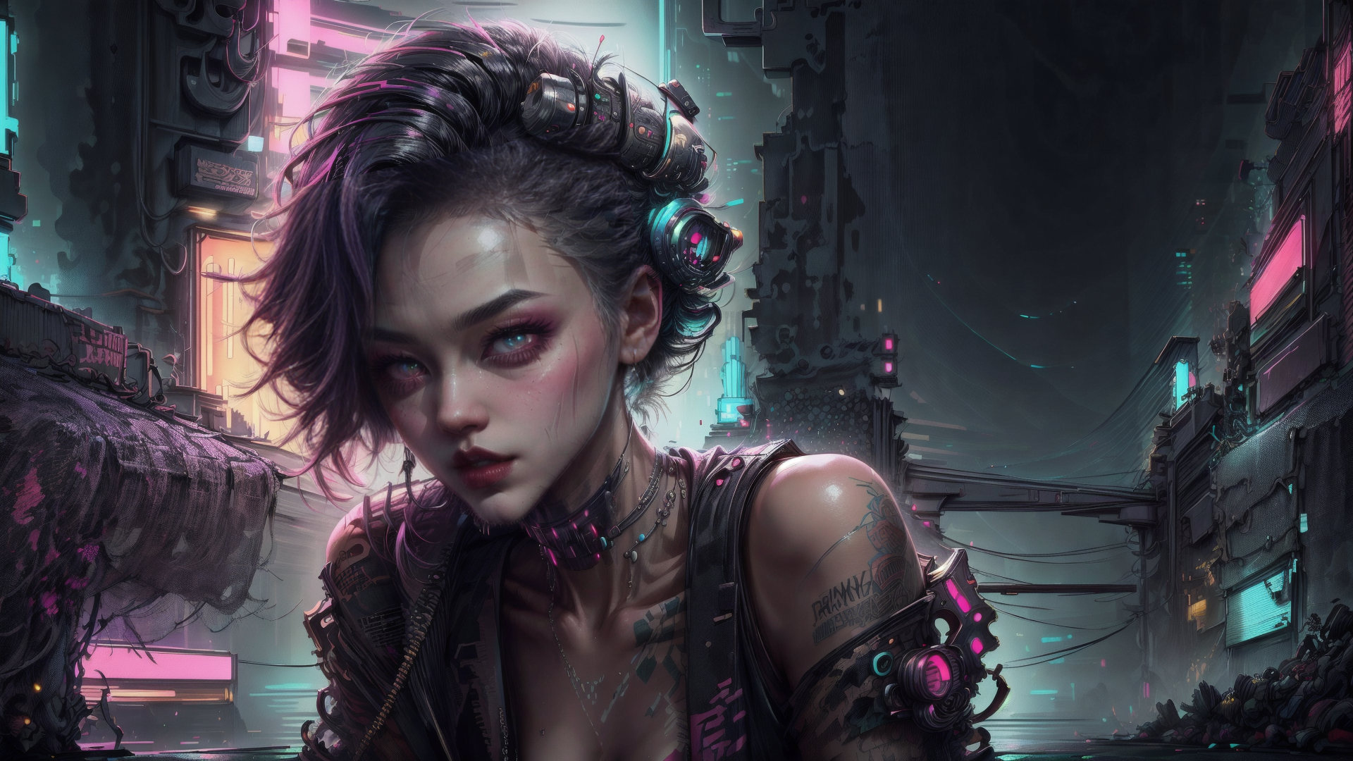 AI generated wallpaper featuring cyborg, woman, neon
