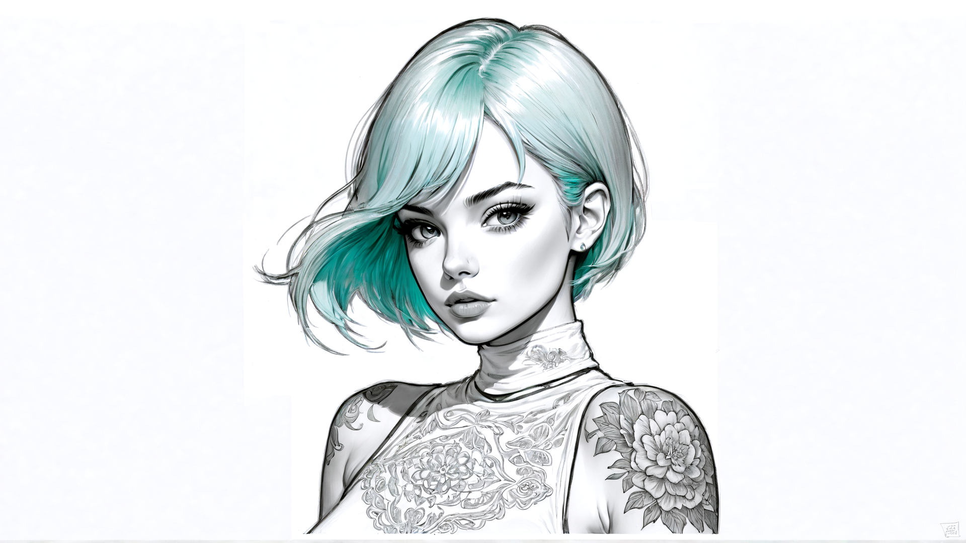AI generated wallpaper featuring woman, tattoo, hair, portrait, flower, necklace, earring