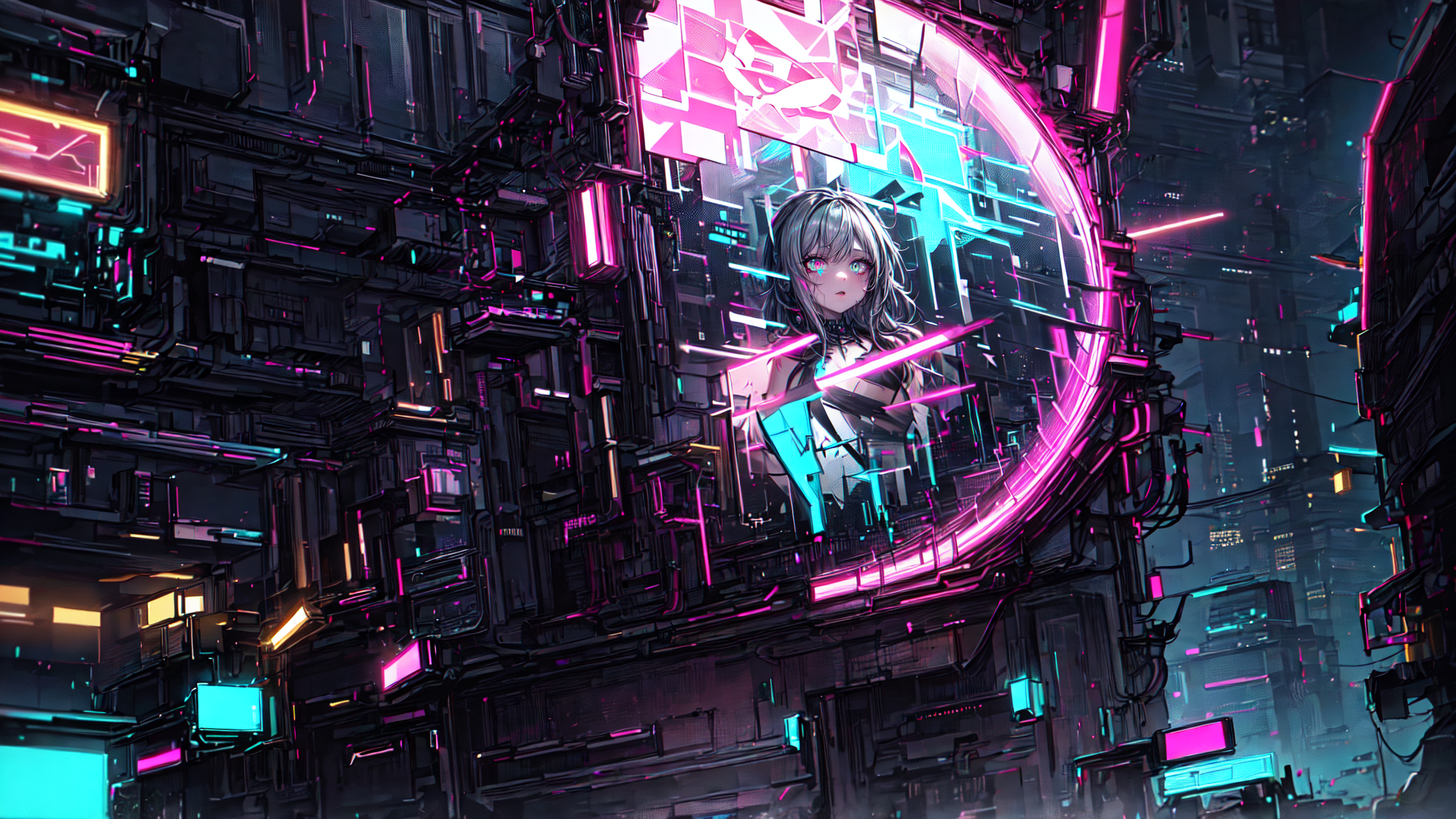 AI generated wallpaper featuring cyberpunk girl, neon sign, futuristic city, digital billboard, glowing lights, urban architecture, holographic display, mechanical structure, neon grid, cityscape