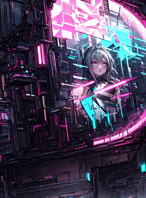 cyberpunk girl, neon sign, futuristic city, digital billboard, glowing lights, urban architecture, holographic display, mechanical structure, neon grid, cityscape