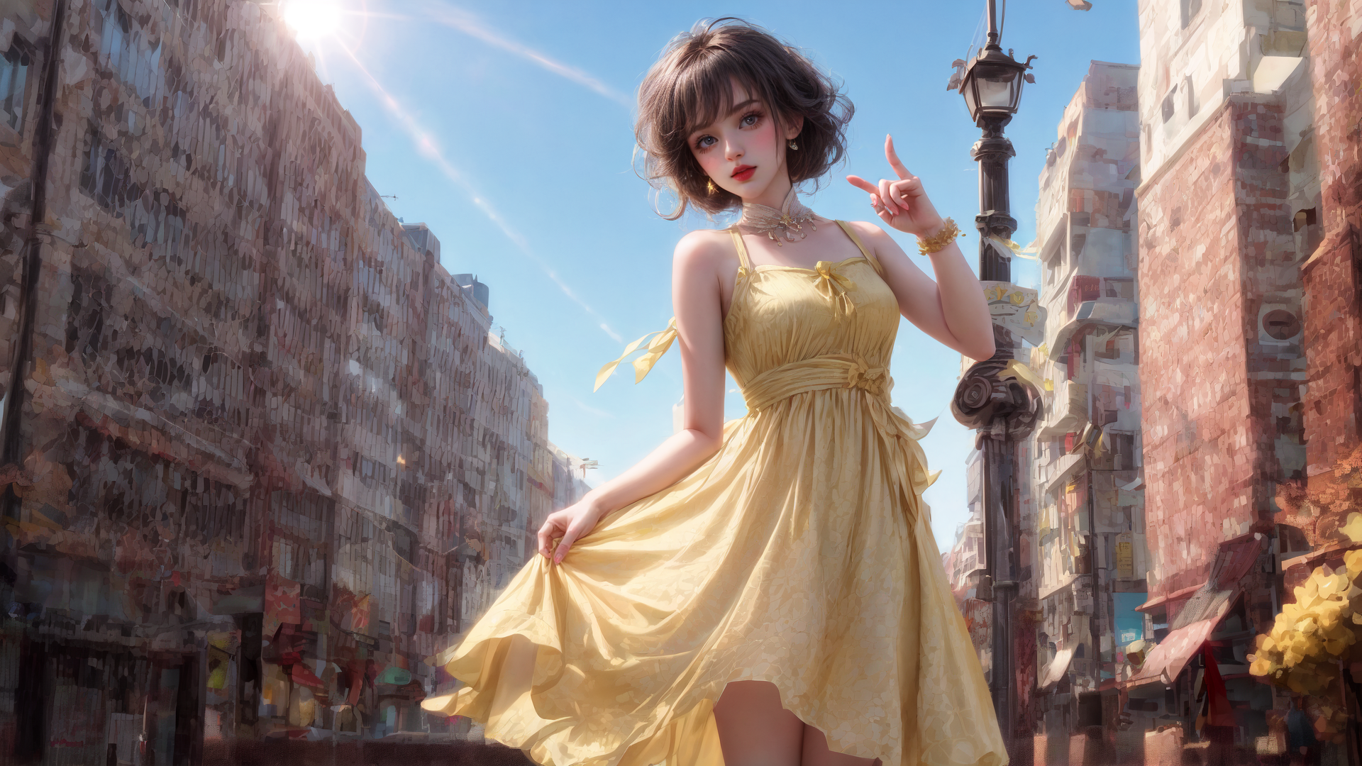 AI generated wallpaper featuring woman, dress, street