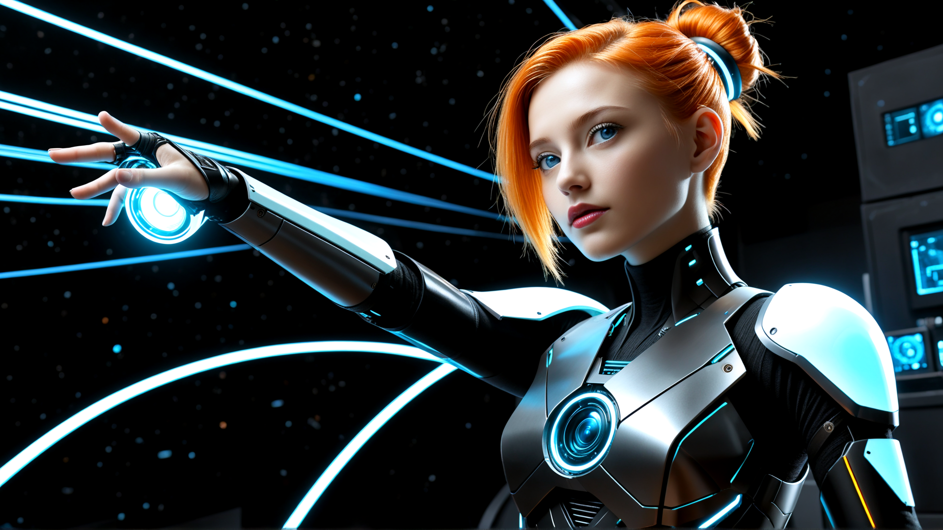 AI generated wallpaper featuring cyborg, woman, robot, arm, hand, helmet, suits, technology, screen, stars