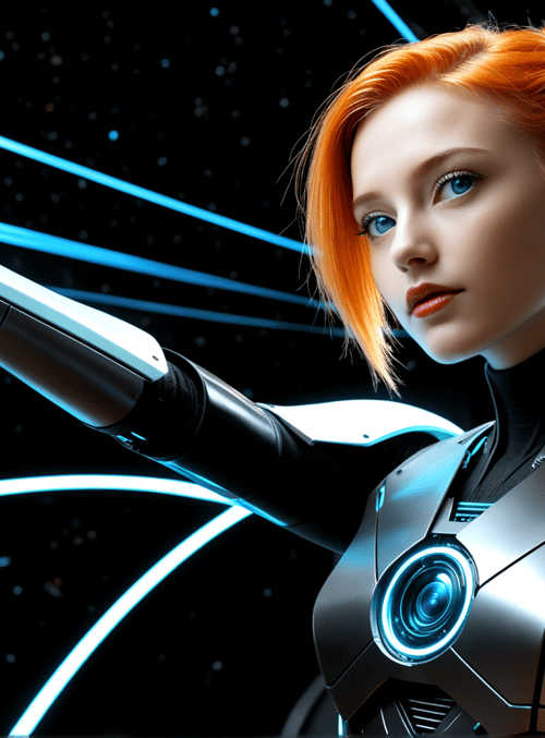 cyborg, woman, robot, arm, hand, helmet, suits, technology, screen, stars