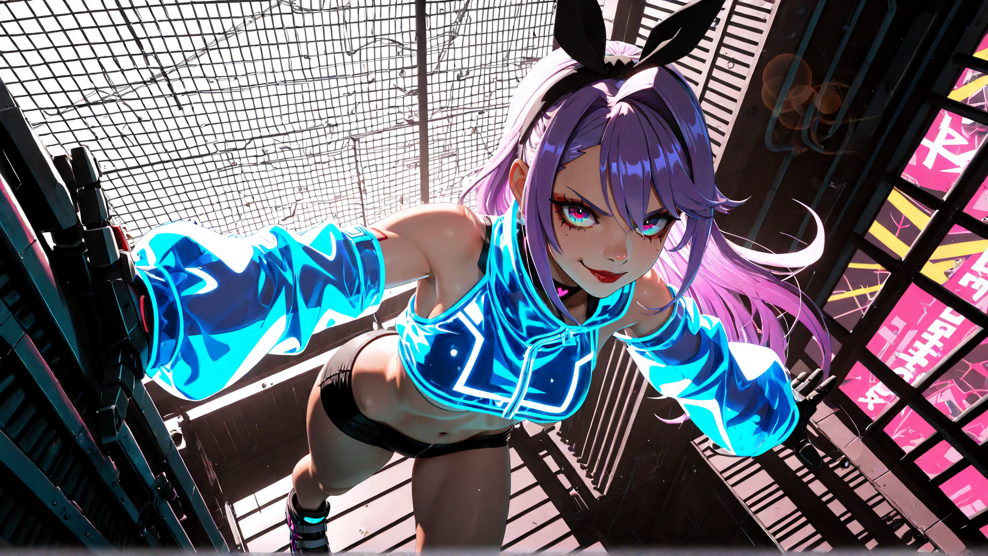 AI generated wallpaper featuring anime girl, bunny ears, neon jacket, urban setting, cyberpunk