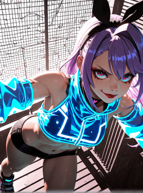 anime girl, bunny ears, neon jacket, urban setting, cyberpunk