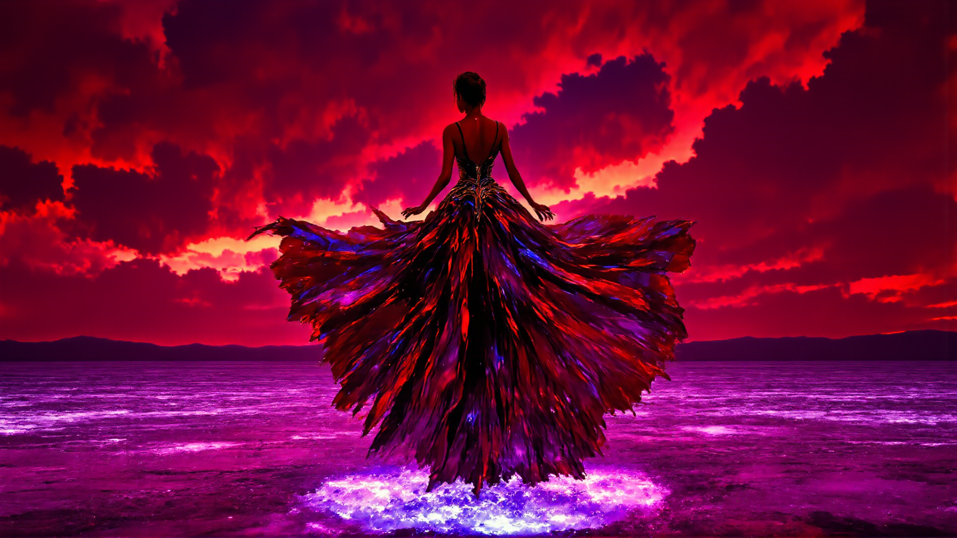 AI generated wallpaper featuring woman, dress, sky, water