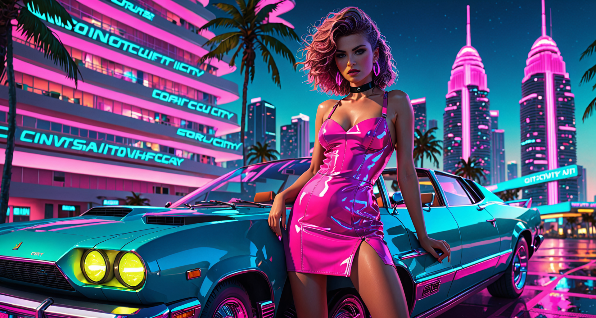 AI generated wallpaper featuring woman, car, city