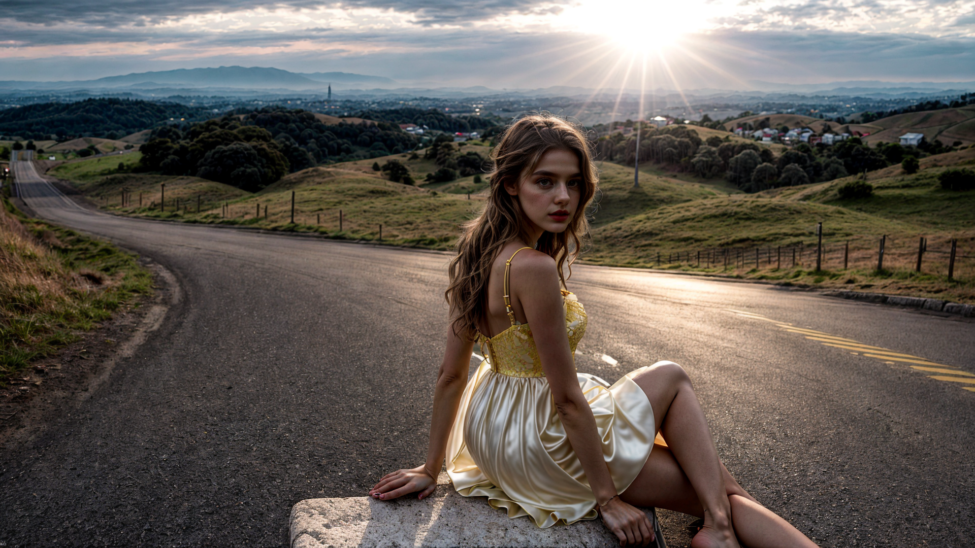 AI generated wallpaper featuring woman, dress, road