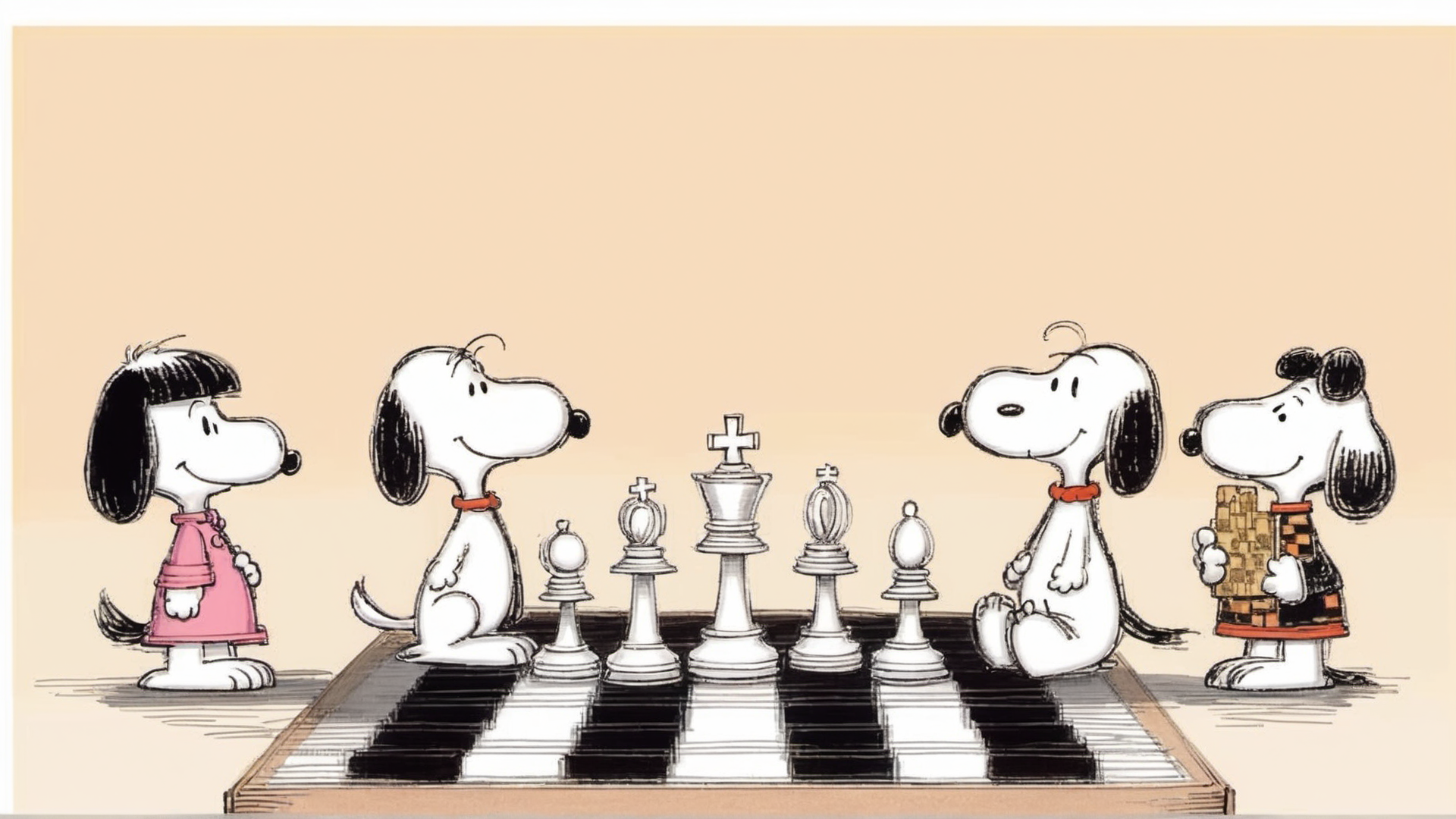 AI generated wallpaper featuring snoopy, chess, friends