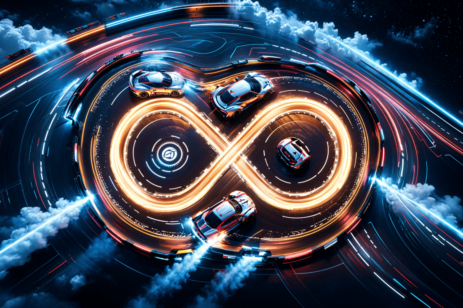AI generated wallpaper featuring race cars, infinity symbol, track