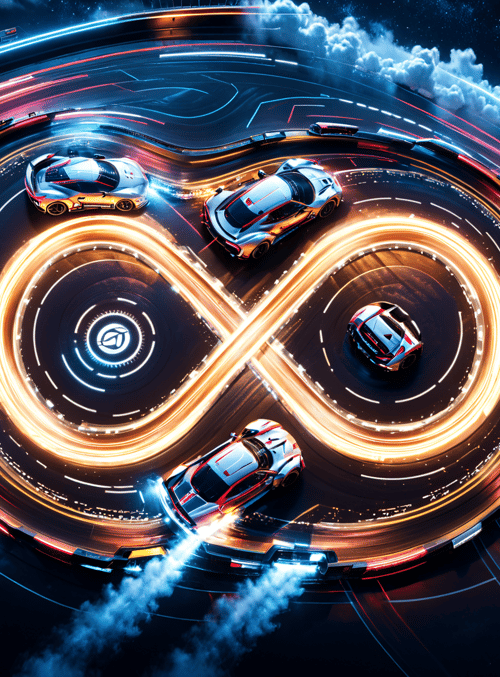 race cars, infinity symbol, track