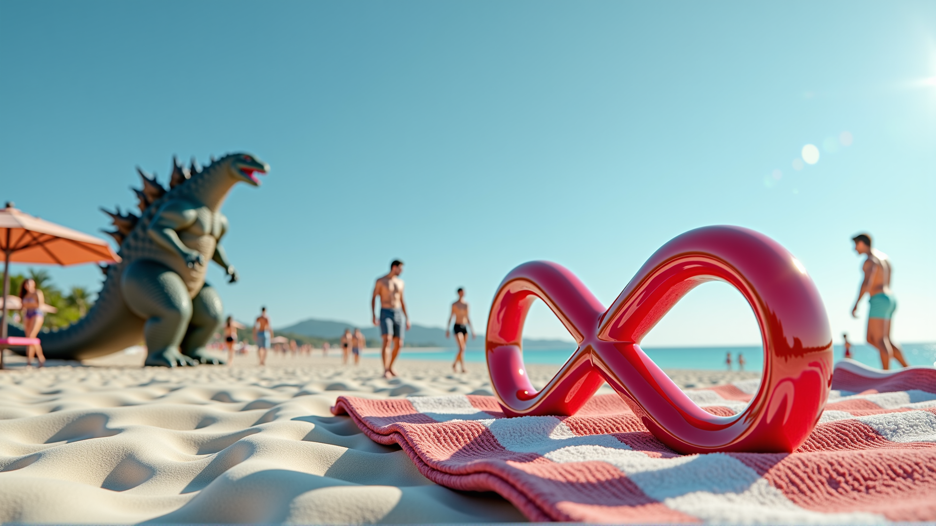 AI generated wallpaper featuring infinity symbol, godzilla, beach