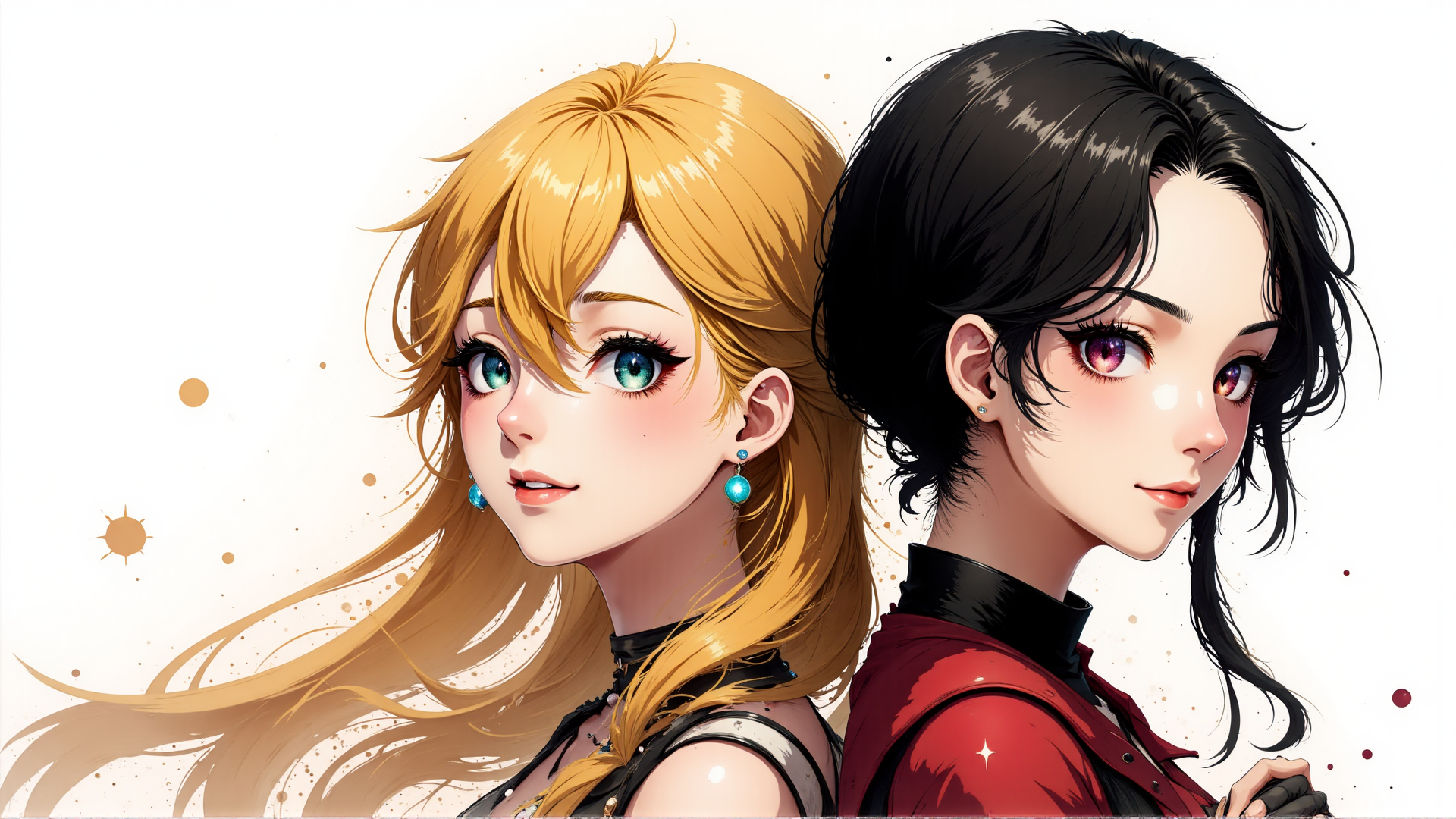 AI generated wallpaper featuring girl, blonde, black hair, earrings, sunset